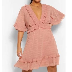 Boohoo Dobby Mesh Ruffle Angel Sleeve Skater Dress